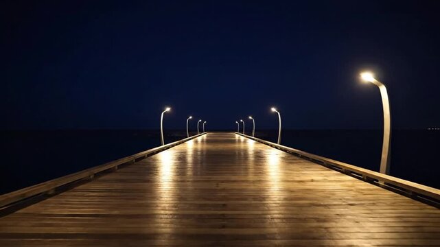 A city bridge at night glowing with lights over a calm river, reflecting the urban skyline and traffic in the dark evening sky