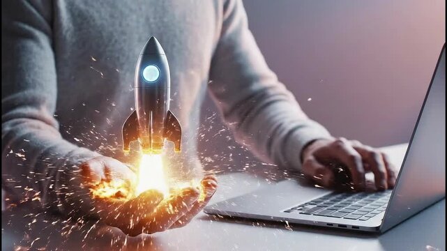 Person launching a rocket from their hands while working on a laptop on a desk