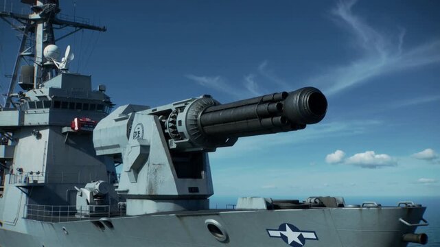 a futuristic sleek railgun protrudes from the side of a massive high-tech warship