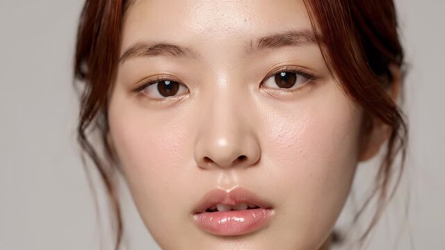 Close Up Of A Young Woman's Face With Natural Makeup And Glossy Lips In Soft Lighting Beauty And Cosmetics Advertising