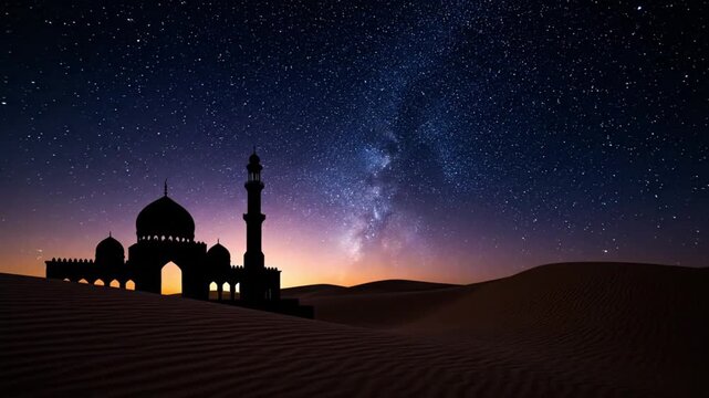 Cinematic night view of a mosque silhouette situated in a desert under a spectacular Milky Way starry sky with a soft golden horizon glow.