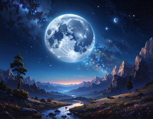 A serene moonlit landscape depicting a valley with a river, mountains, and a large, bright full moon in a starry night sky
