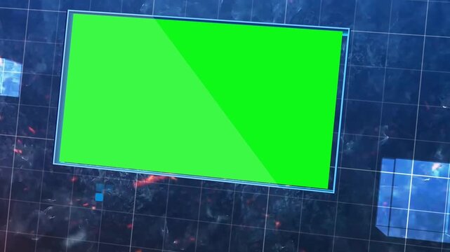 Animated World Map 3D Box Showcase with Green Screen Chrome Key in Sleek Corporate Design, A futuristic green screen display with a sleek design on a dark background with grid lines