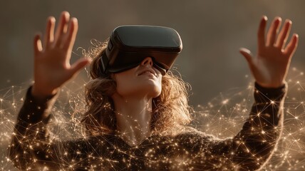 Fototapeta premium Photography of a person wearing VR glasses is holding their hands up. The atmosphere of futuristic technology exudes an air of confidence. 