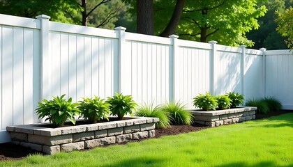 Obraz premium White garden fence acting as a backdrop for outdoor landscaping, useful for garden layout or landscape planning, created with generative ai