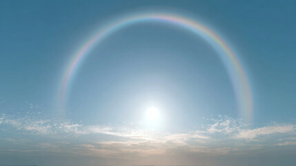 Naklejka premium A vibrant rainbow arching over a sunny sky, creating a breathtaking display of color. The sun shines brightly