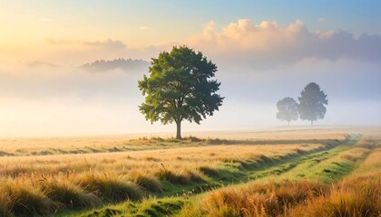 A serene morning scene features a solitary tree in a field, with two more trees silhouetted, enveloped by a gentle mist