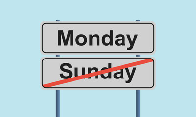 monday begin sunday end signpost, weekend finish and start new working week road vector sign