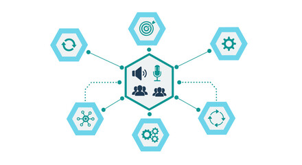 Naklejka premium Digital marketing strategy concept with interconnected hexagonal icons representing communication audience engagement analytics and goal achievement set