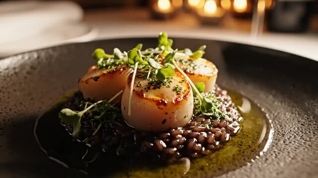 Seared Scallops Fine Dining Dish With Lentils Herbs And Elegant Plating In Luxury Restaurant