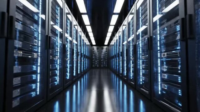 Modern Data Center Corridor With Server Racks And Blue Lights Showing Secure Cloud Infrastructure