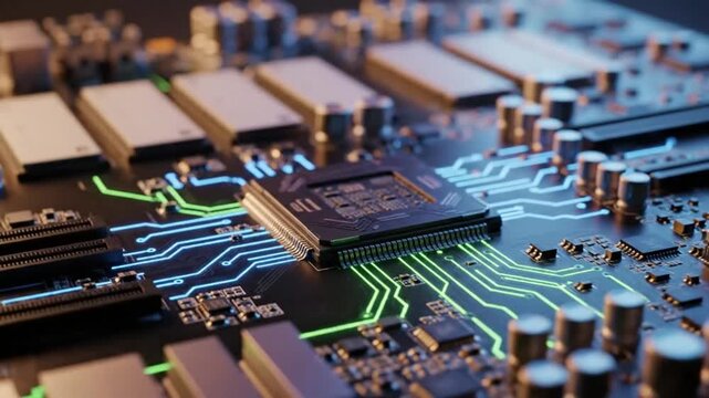 Advanced Computer Circuit Board With Microchip And Glowing Data Paths Representing Modern Technology