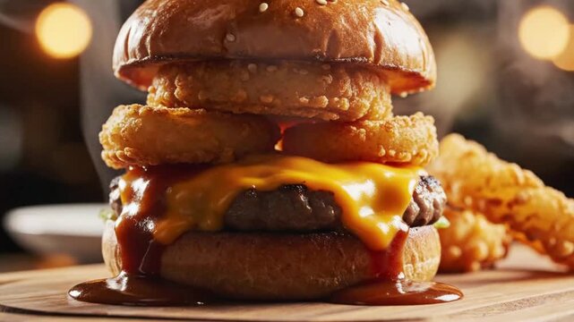 Juicy Cheeseburger With Crispy Onion Rings And Melted Cheese Served In Warm Restaurant Light