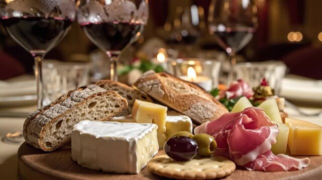 Artisan Cheese And Charcuterie Board With Bread Olives And Wine In Cozy Restaurant Setting