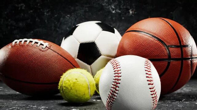 Collection Of Popular Sports Balls On Dark Background Showcasing Athletic Equipment Variety