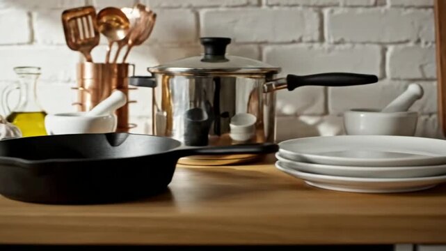 Modern Kitchen Counter With Cookware Utensils And Clean Plates Ready For Home Cooking