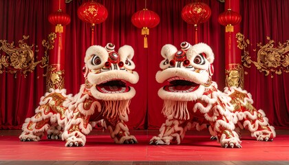 Happy Chinese New Year 2026 background, traditional lion dance on a red and gold stage, intricate costumes, bold celebratory energy&rdquo;