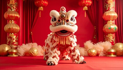 Happy Chinese New Year 2026 background, traditional lion dance on a red and gold stage, intricate costumes, bold celebratory energy&rdquo;