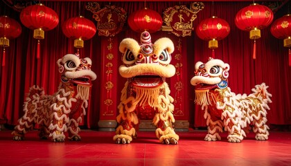 Happy Chinese New Year 2026 background, traditional lion dance on a red and gold stage, intricate costumes, bold celebratory energy&rdquo;