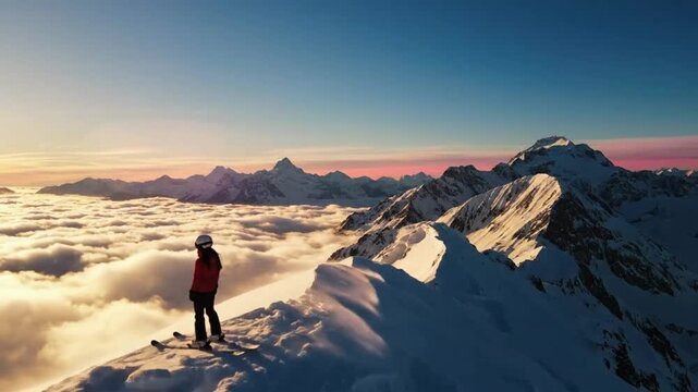 Epic Mountain Summit Adventure Above Clouds At Sunrise With Lone Hiker In Snowy Alpine Landscape