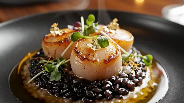 Seared Scallops Served On Black Rice With Microgreens Gourmet Seafood Fine Dining Concept