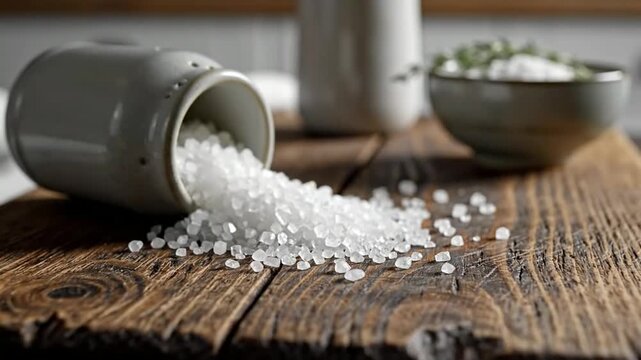 Spilled Sea Salt From Ceramic Jar On Wooden Table Rustic Kitchen Ingredient And Cooking Concept