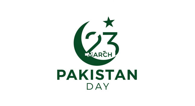 Pakistan day logo with crescent moon star and date 23 march in green on white background