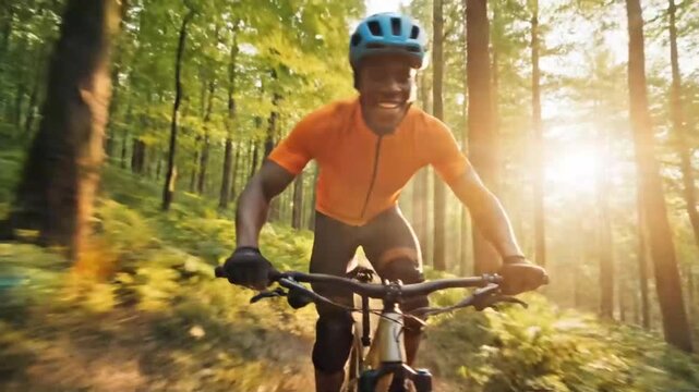 Mountain Biker Riding Through Forest Trail With Sunlight Adventure Outdoor Fitness And Active Lifestyle
