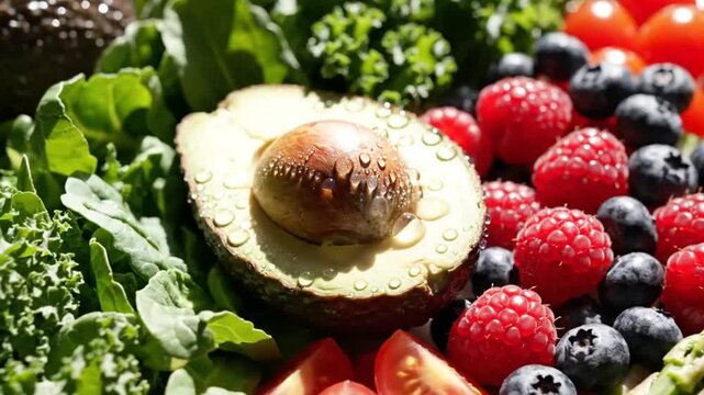 Fresh Avocado Salad Bowl With Berries Leafy Greens And Seeds Healthy Vegan Food Concept