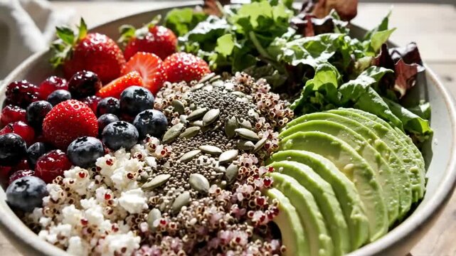 Healthy Vegan Buddha Bowl With Avocado Quinoa Fresh Berries Greens And Seeds Clean Eating Concept