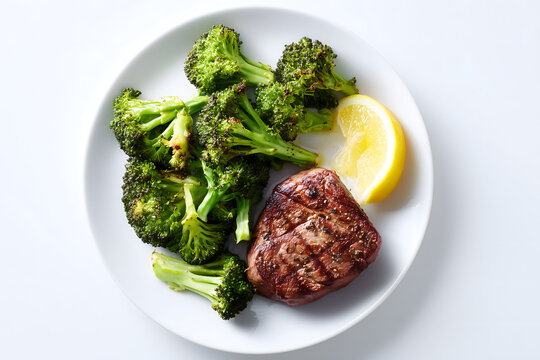 Beef filet mignon steak with potato side dish, top view