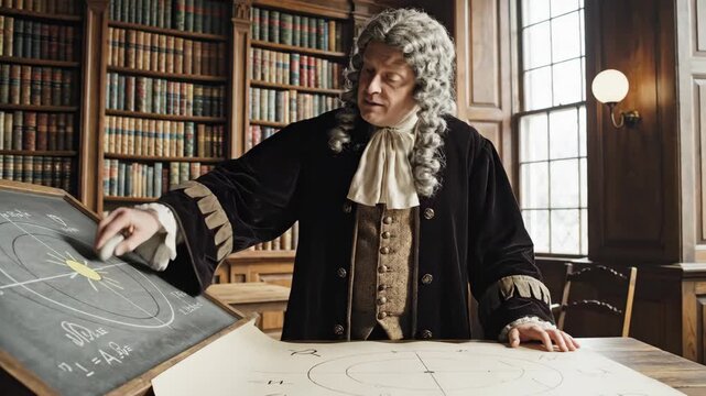 Historical depiction of Isaac Newton in a classic study, illustrating his scientific theories with chalkboard diagrams and vintage scholarly attire