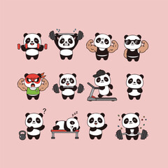 Cute Cartoon Pandas Exercising, fitness and Working Out