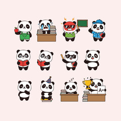 Cute Cartoon Panda Students in Various School Activities and Emotions