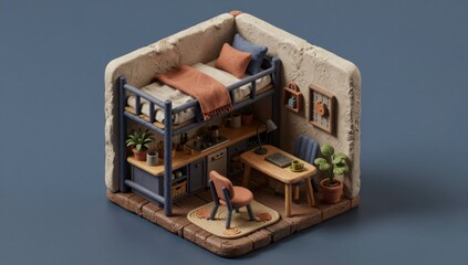 Obraz premium Miniature isometric dorm room featuring a bunk bed desk and kitchenette