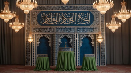 Islamic interior with ornate calligraphy, chandeliers, and green draped podiums