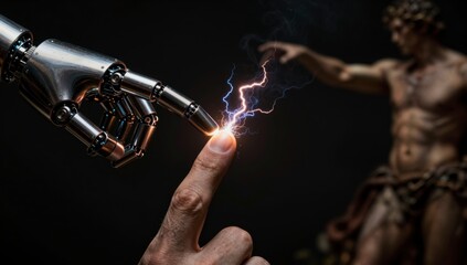 Naklejka premium Metallic robotic finger touching human fingertip with crackling electrical energy creating sparks