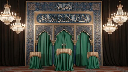 Lavish Islamic hall with green draped alcoves golden calligraphy and crystal chandeliers
