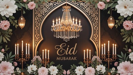 Opulent Eid Mubarak backdrop with intricate patterns, flowers, and a grand chandelier