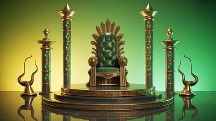 Ornate green throne with golden pillars and emerald accents on a reflective stage