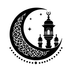 Islamic ramadan kareem greeting ornament with mosque silhouette and crescent moon