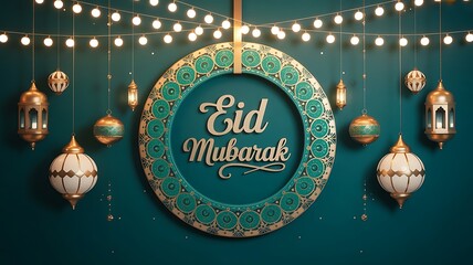 Teal Eid Mubarak circular frame with hanging lanterns and fairy lights