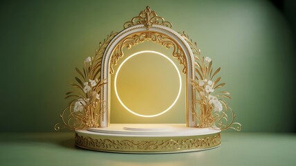 White and gold ornate Islamic archway stage with glowing ring and delicate flowers
