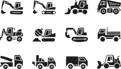 Heavy construction machinery icon set with excavator bulldozer dump truck crane loader and industrial vehicles isolated on gray background for engineering and building industry design © VEECT STORE