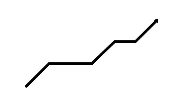 Animated black line graph with an arrow pointing upwards, symbolizing growth and progress, presented on a clean white background with an abstract motion.