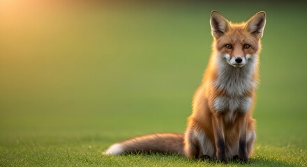 Fototapeta premium Red Fox Sitting on Green Grassy Field.
