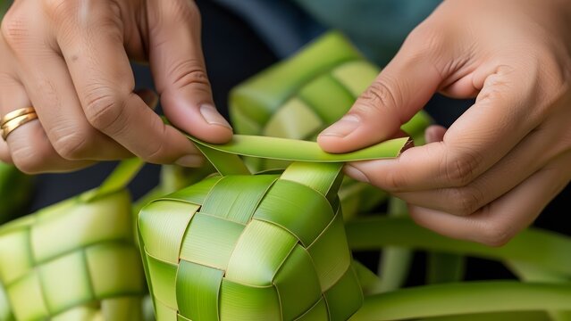 Hands weaving traditional ketupat with palm leaves.