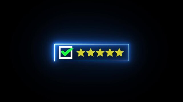 Neon blue glowing rating system with a green checkmark inside a box and five yellow stars, representing a perfect score or successful completion, perfect for feedback or review animations.