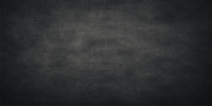 A dark and empty black chalkboard background features an aged grunge texture with a vintage grey pattern on an old weathered surface, perfect for a blank design backdrop
