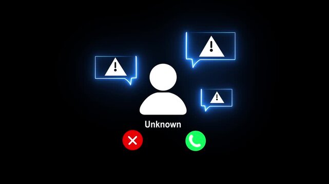 Neon blue alert notifications surround an unknown caller icon with red decline and green accept call buttons animating on a dark background for a concept of scam or spam calls